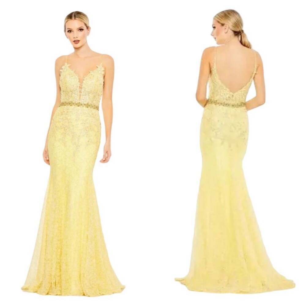 Mac Duggal Floral Appliqué Plunge Mermaid Gown Dress Sleeveless Lemon, SIZE 4